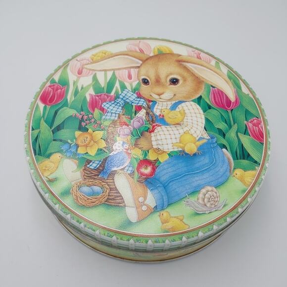 Round Metal Candy Cookie Treat Tin Bunny Flowers Chicks Spring Easter 6.5" - Picture 1 of 3